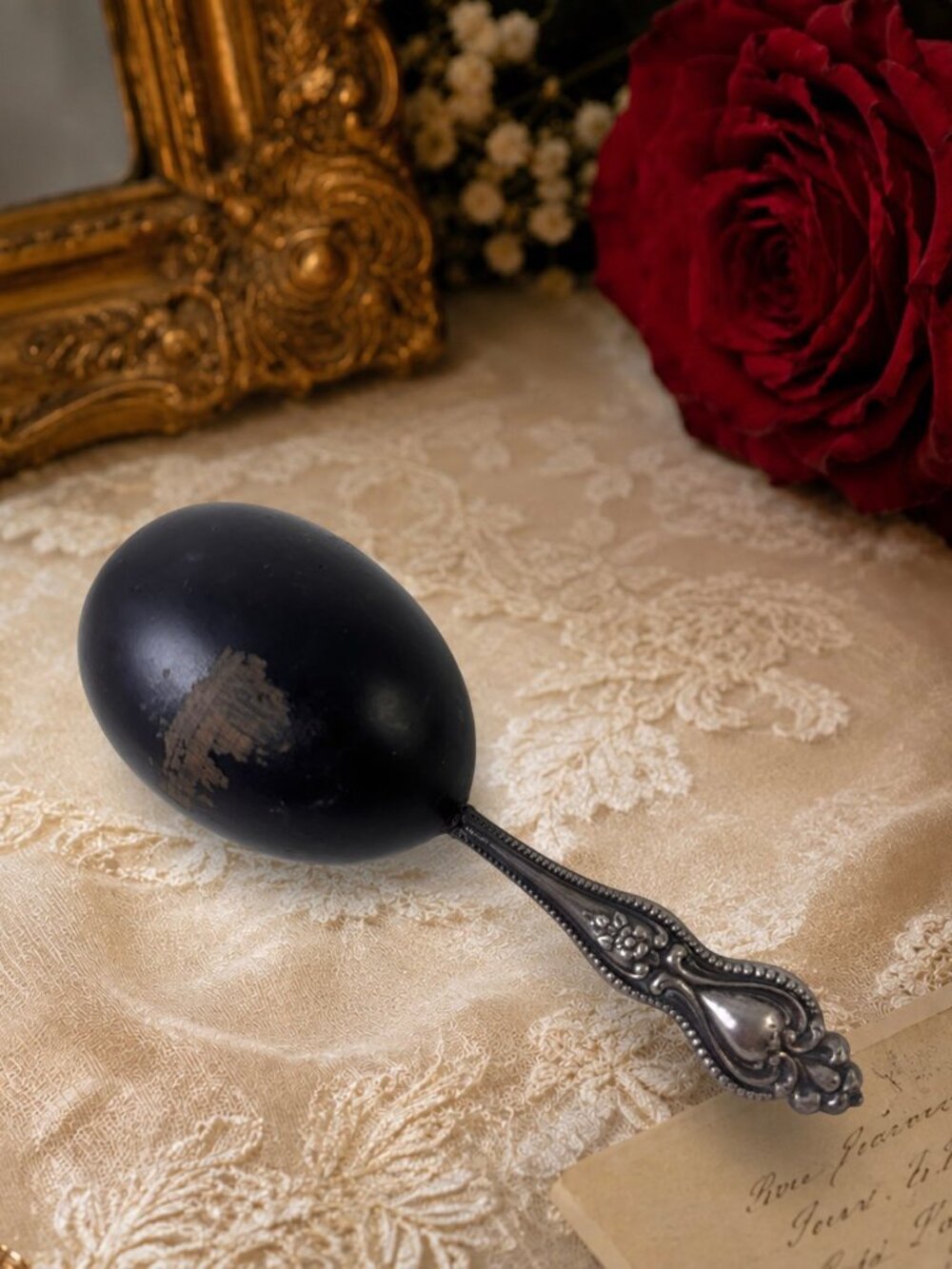 Antique Victorian Ebonized Wood Darning Egg with Ornate Sterling Silver Handle –